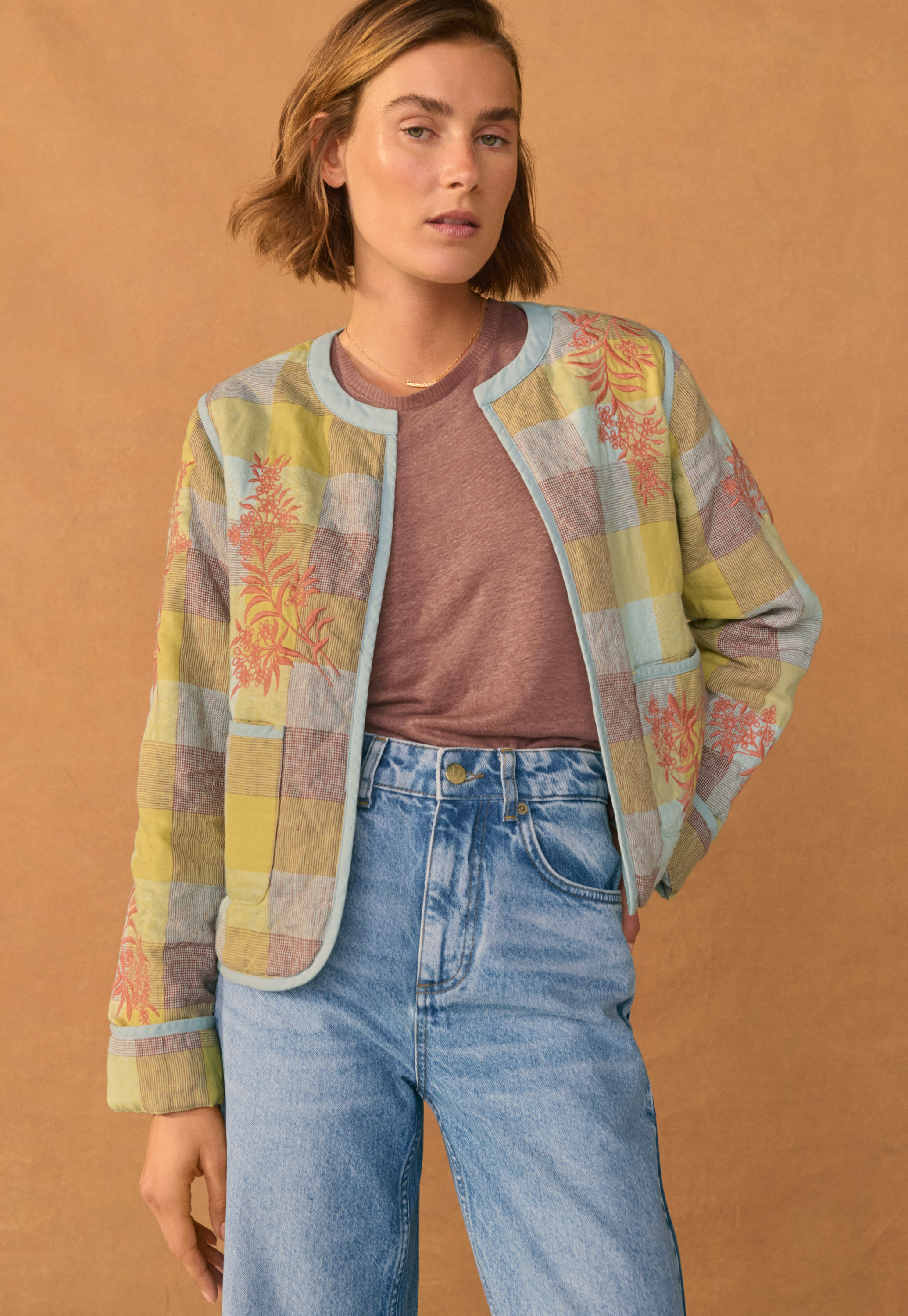 Wrap London - Embroidered linen gingham jacket
