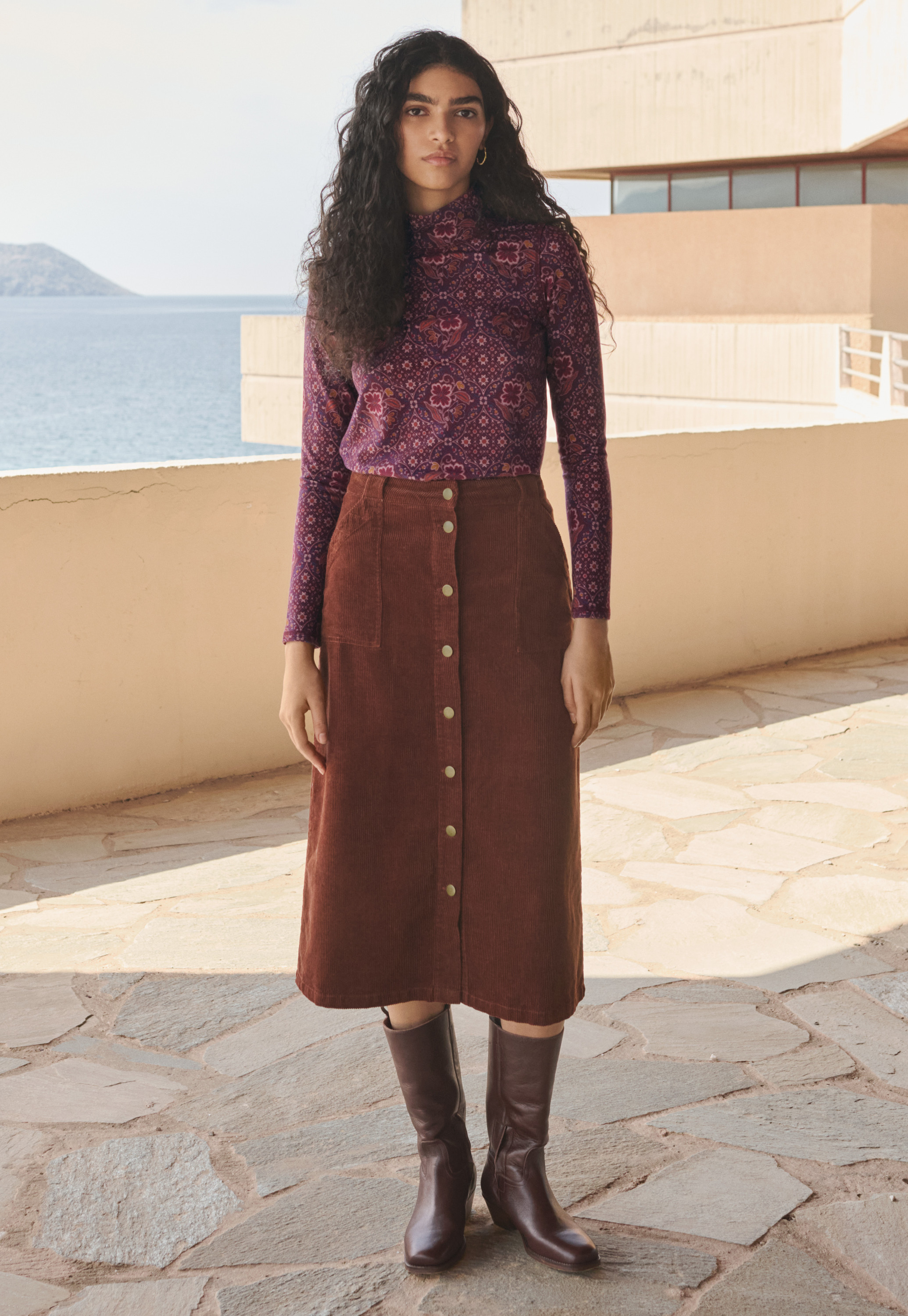 【WOOHWA】ANNA BUTTON WRAP SK Wrap London - Cord button-front skirt