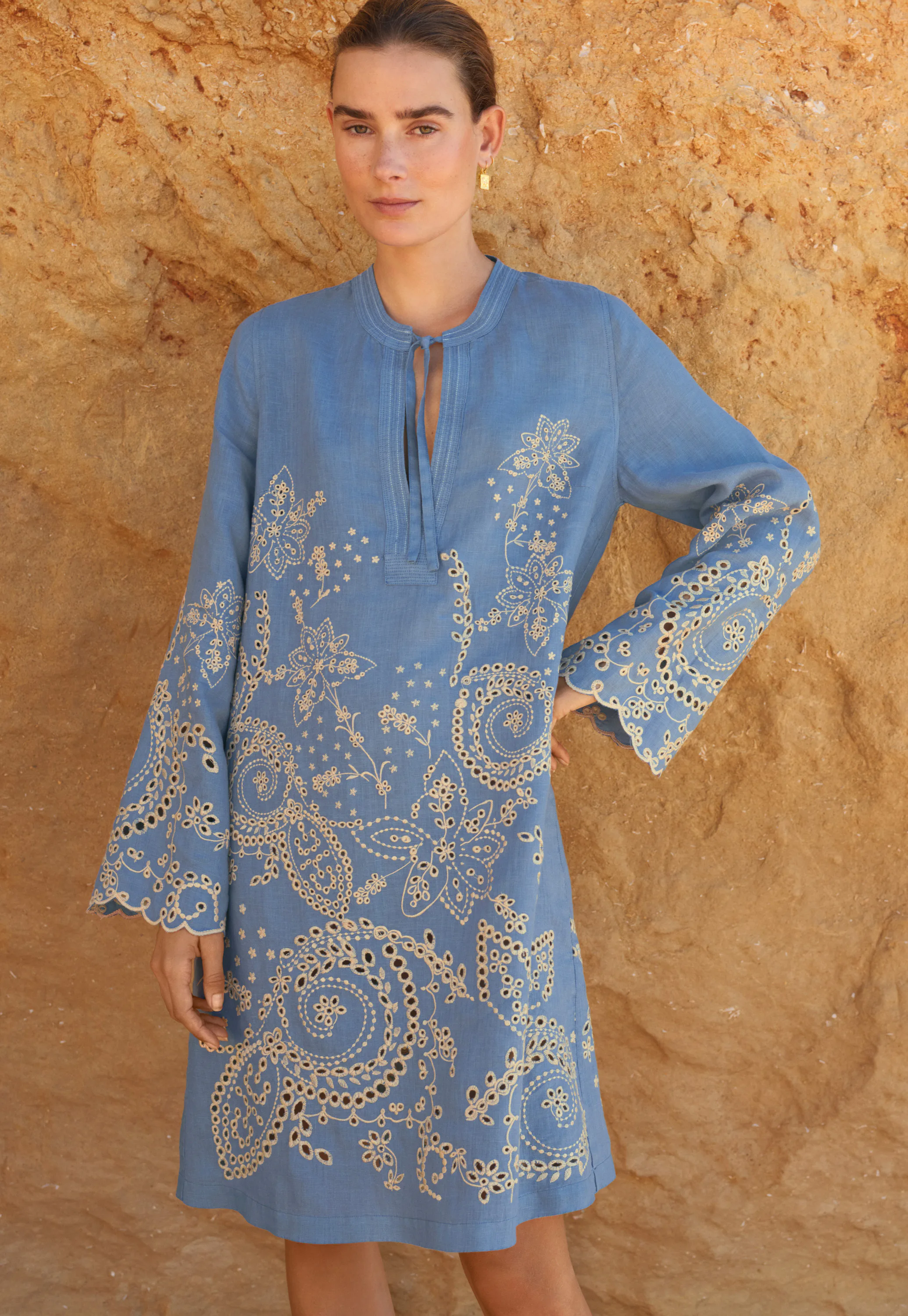 cut work dress for women Women's Cutwork Lace Printed Shirt Dress, Yellow