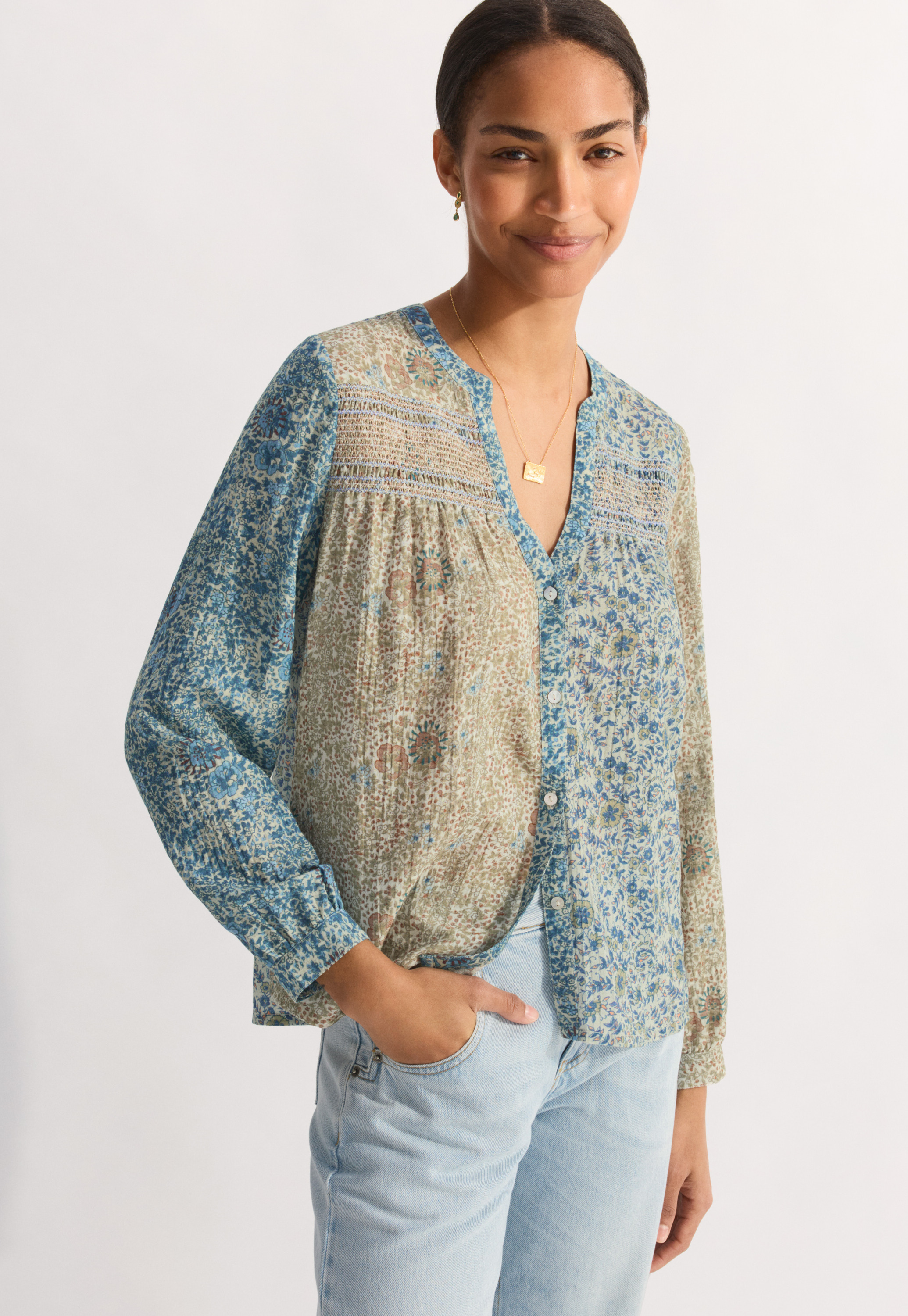 Wrap London - Printed shirring cotton & modal blouse