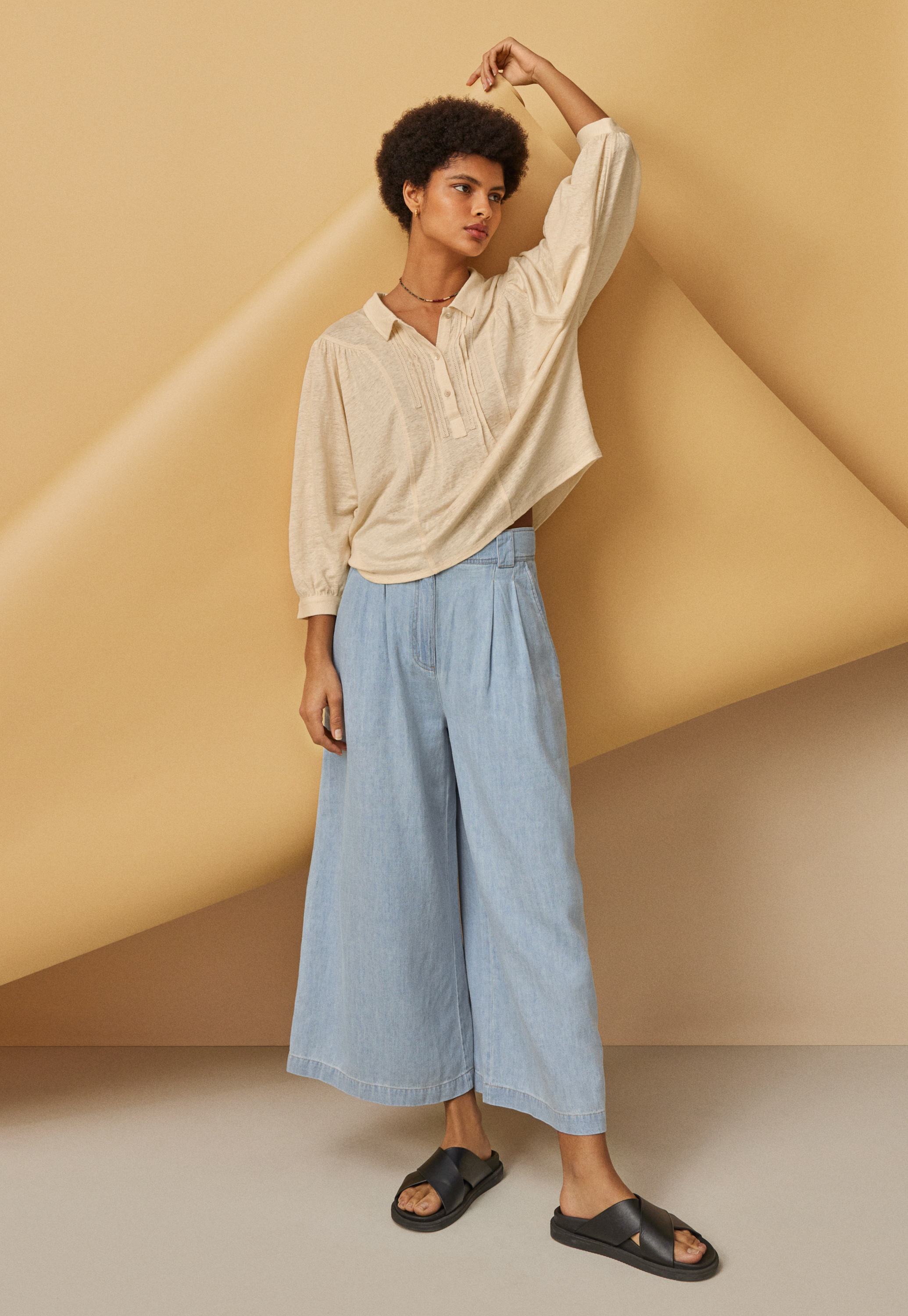Hemp cotton wide-leg cropped trousers