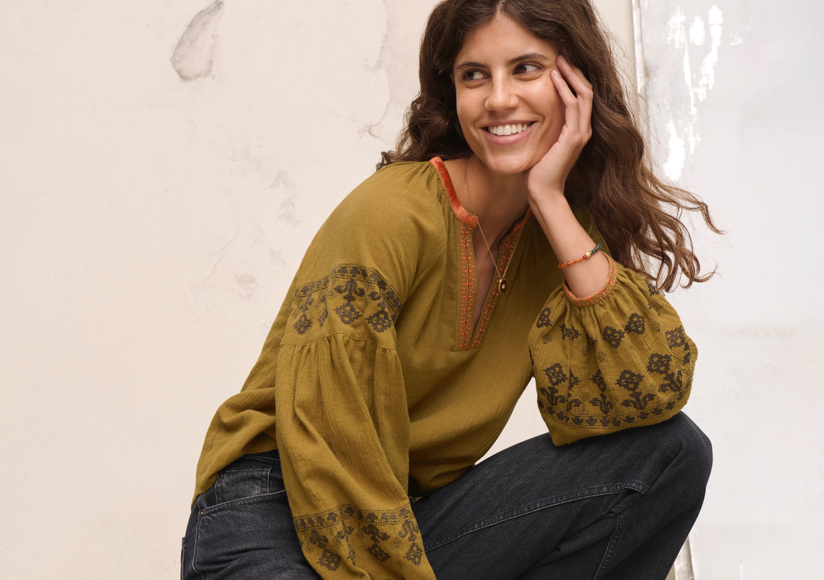 Wrap London - Crinkle cotton linen embroidered blouse