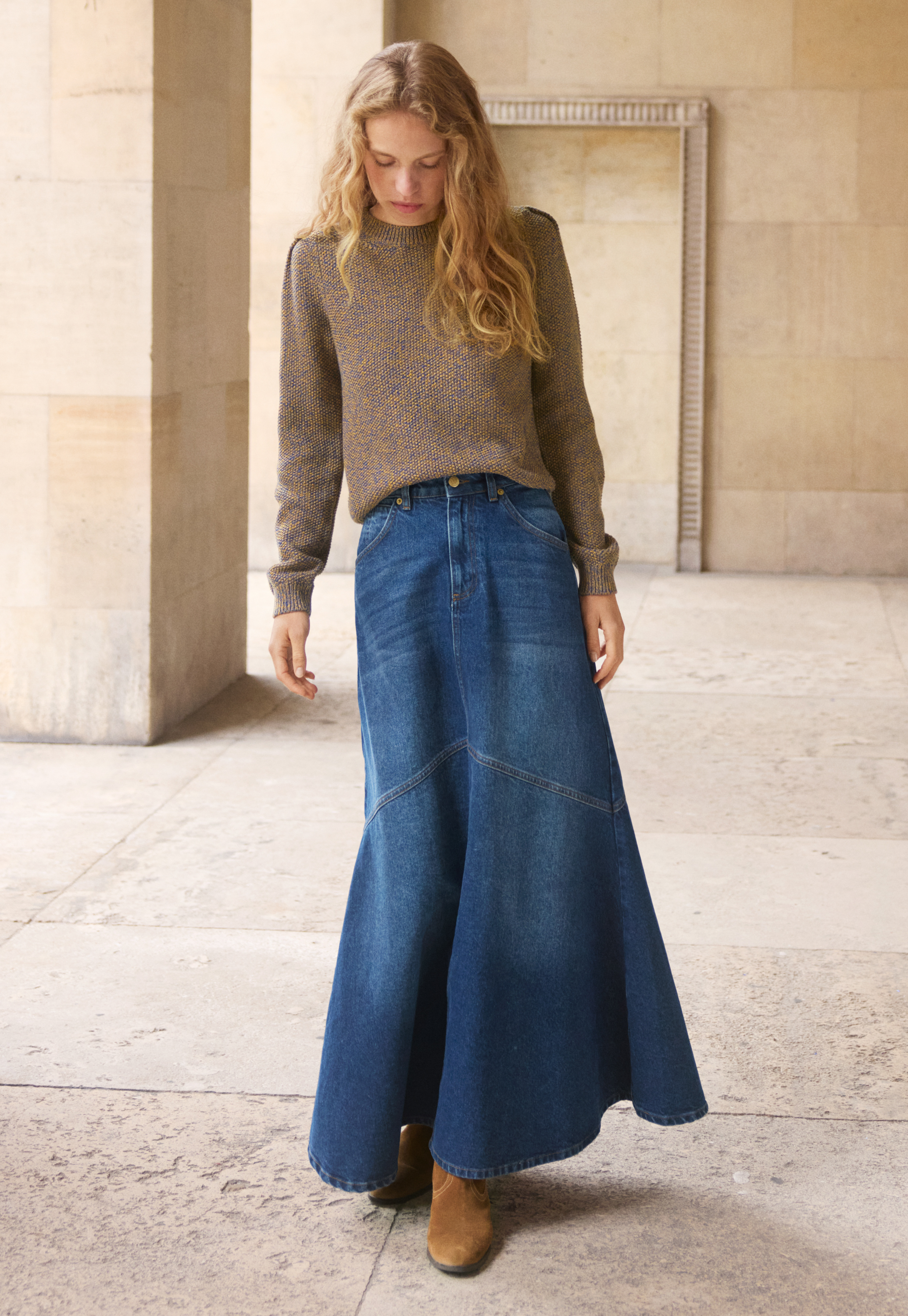 Wrap London Flared denim maxi skirt