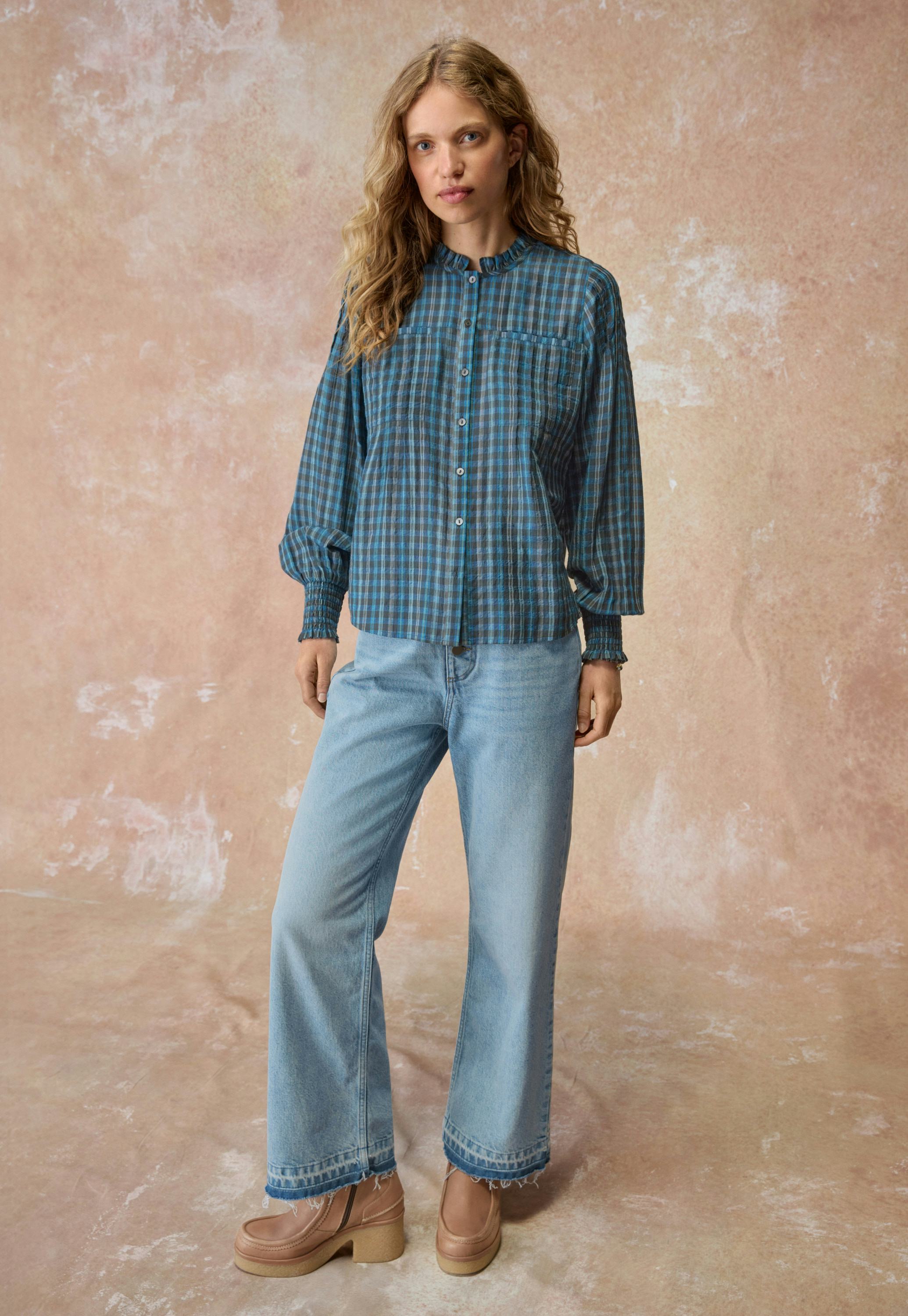 Wrap London Checked cotton viscose pintuck blouse