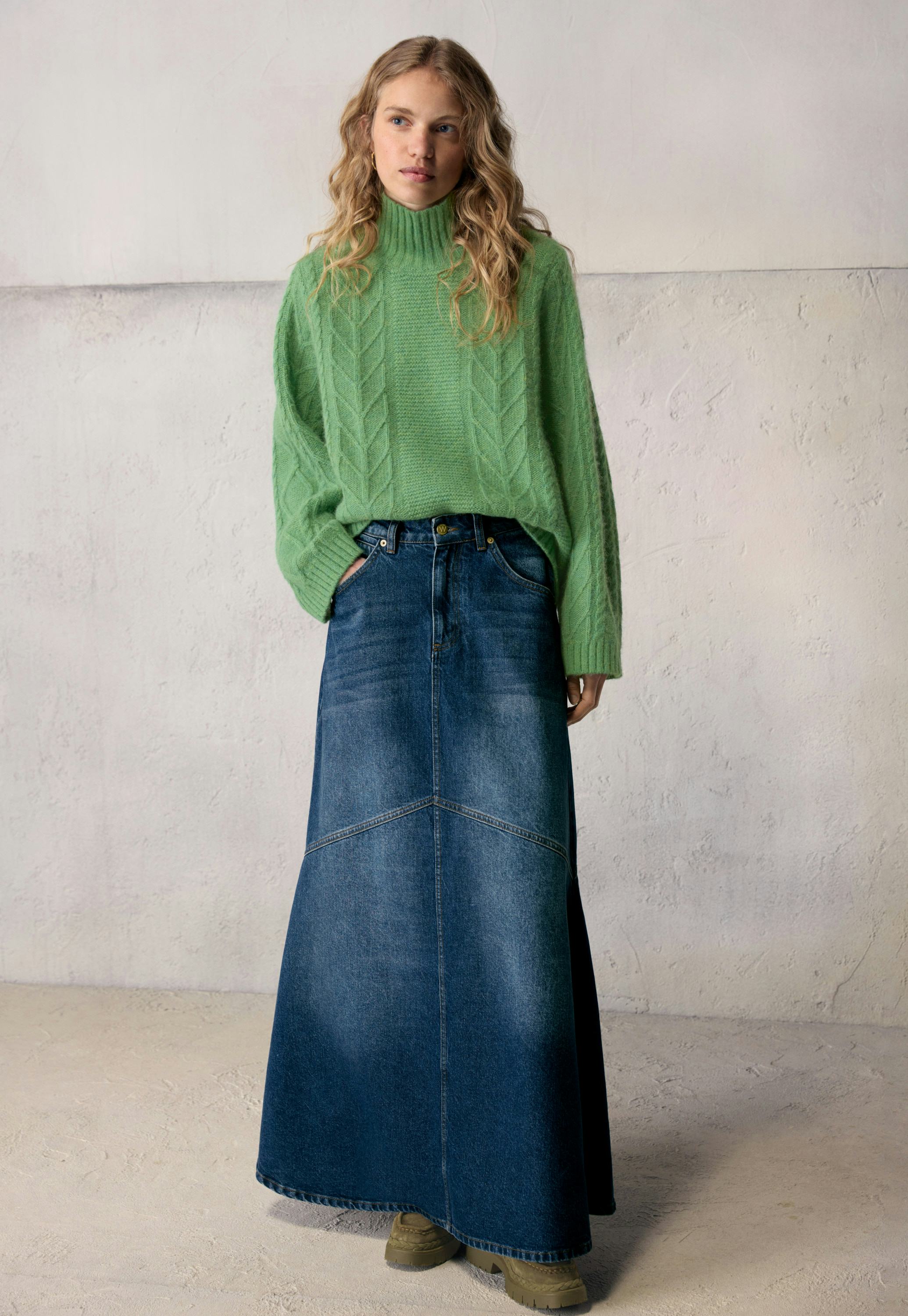 Wrap London Recycled cotton flared denim maxi-skirt