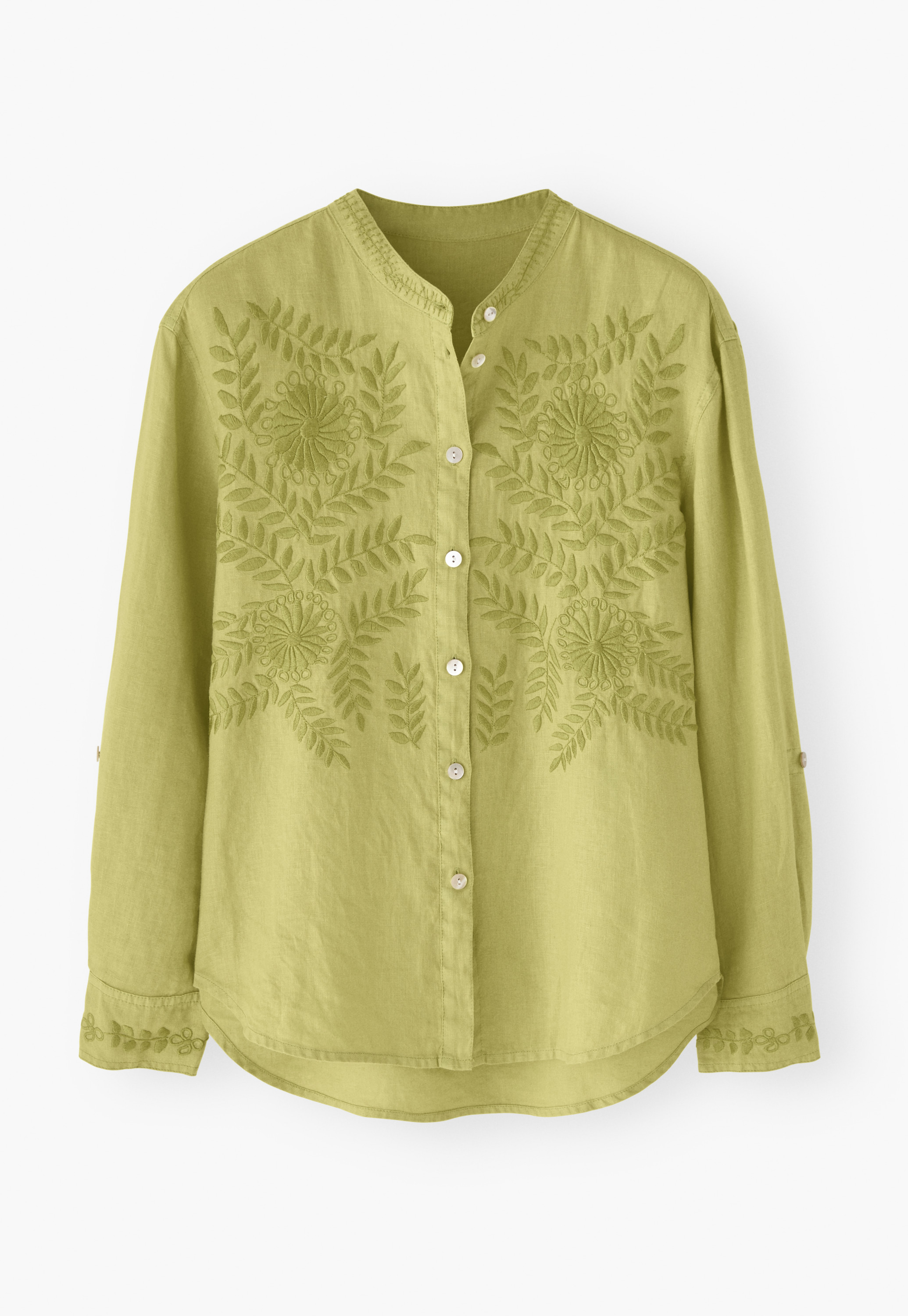 【2plan】Britain embroidery linen half shirt Wrap London - Embroidered linen shirt